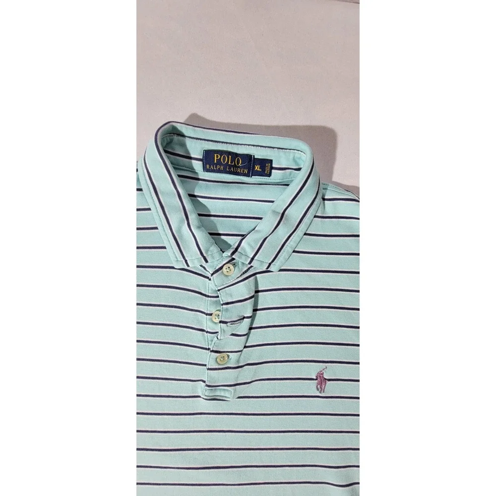 Polo Ralph Lauren Mens XL Mint Green‎ Navy Blue Striped Short Sleeve Polo Shirt